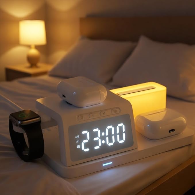 IHAO 6in1Digital Alarm Clock with Wireless Charging Station Night Light 15W Fast Charging for Qi Phone Headphone Bracket for iWatch Charger LED Display Dimmable Brightness-HT309 Black