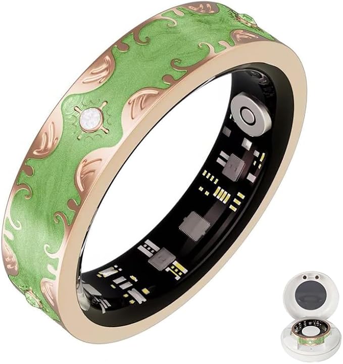 Retro Bluetooth Smart Ring for Women Fitness Tracker Ring with Heart Rate, Sleep Monitoring, Blood Oxygen, Step Counting for iOS and Android (Green, 9#)