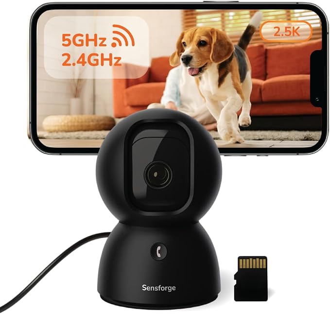 SensForge 2.5K Pan-Tilt Security Camera, 360° Dual-Band WiFi Camera for Home, Free AI Human & Pet Detection, 2-Day Cloud + 64GB SD Storage, Two-Way Talk, Optional AI + Storage Upgrade (1, Black)