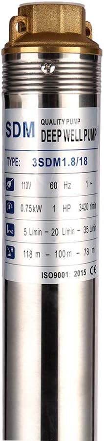 Submersible Pumps 3" OD Pipe 110V/60HZ 0.75KW 1HP Stainless Steel Deep Well Pumps 1" Outlet Submersible Bore Pump Deep Well Pump with Control Box for Industrial and Home Use