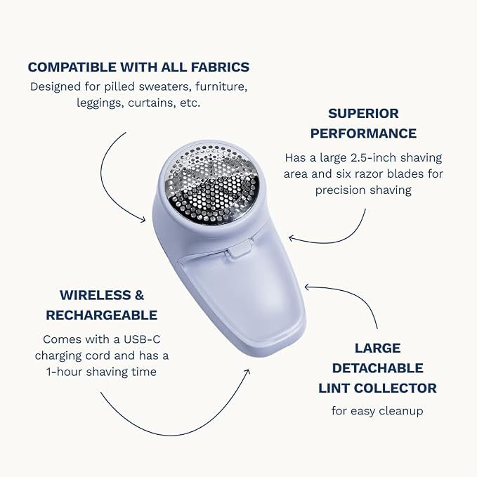Nori Trim Fabric Shaver - Lint Remover for Clothes & Furniture Couch Pilling - Sweater Pill Remover - Clothes Shaver with 6 Precision Blades - Wireless and Rechargeable - Blue