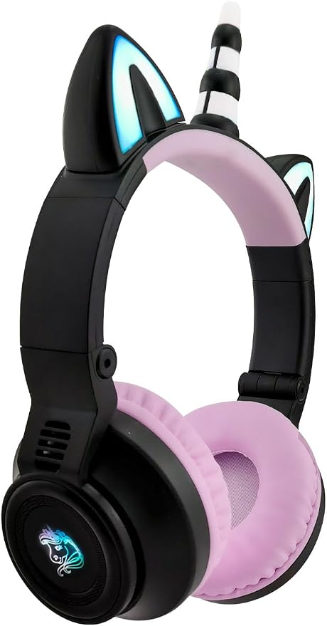Unicorn Headphones for Girls,Bluetooth Unicorn Headphones Toddler School Laptop Cellphones Plane use, Light Up Wireless Kid Headphone Birthday Gifts (Black)