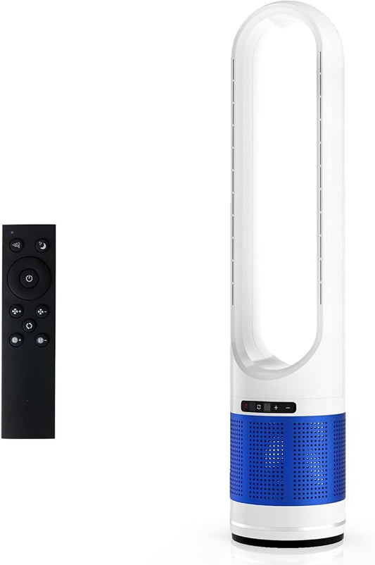 NEWBULIG 41" Bladeless Tower Fan for Bedroom with Air Filter, 80°Oscillating Quiet Fan, 8 Speeds, 8H Timer, Remote Control & LED Display, Easy to Clean for Home, Office, Blue&White