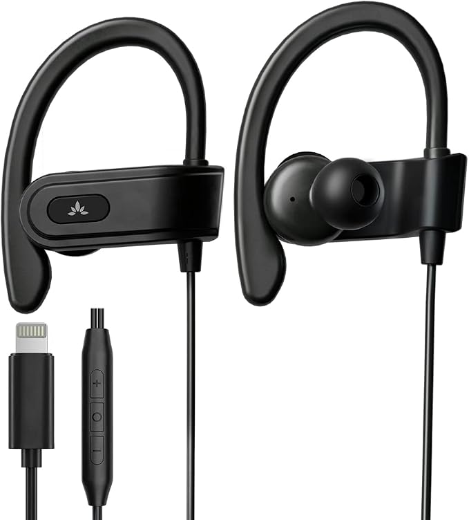 Avantree L171 - Lightning Wired Earbuds with Microphone & in-Line Volume Control, Compatible with Older iPhone 11, 12, 13, 14 Models, MFi Certified Headphones with Ear Hook for Running & Sports