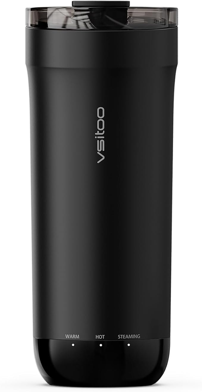 Vsitoo S5 Self Heating Travel Mug 16oz, Rechargeable Coffee Mug with Car Charger Kit, AI Auto-Sensing Temp Control Heated Cup for Home Office Car, App Control, Gift Women Men - Black