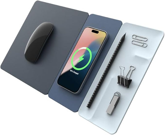 POUT H3 Split Max 3-in-1 Wireless Charging Mouse Pad – Fast Qi Charger, Mousepad Mat, and Magnetic Tray Organizer – Compatible with Smartphones and Earbuds (Pacific Blue)