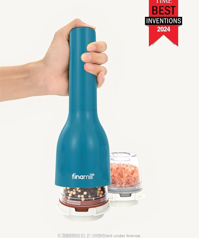 FinaMill Classic Battery Spice Mill – Battery Operated Salt and Pepper Grinder Set, Includes 2 Interchangeable Spice Pods, Adjustable Coarseness, LED Light, Home and Kitchen Gift Set for Father's Day