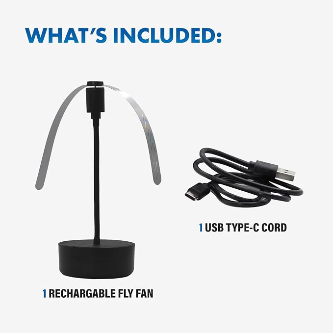 Black USB-C Rechargeable Fly Fan For Tables FF-BK-01, Outdoor Dining Accessory and BBQ Essential, Lightweight with Adjustable Neck, Picnic Table Accessory and Patio Must-Have