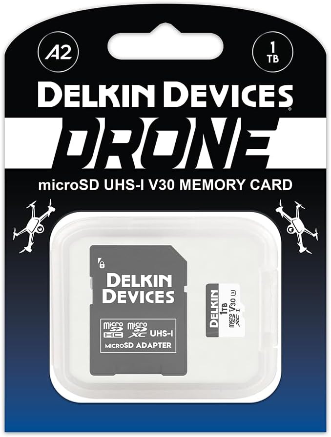 Delkin Devices Drone 1TB microSD Card UHS-I U3 V30 A2 – 190MB/s Read, 155MB/s Write – Designed for Drones, 4K UHD Video, DJI Compatible, microSDXC with Adapter (1TB)