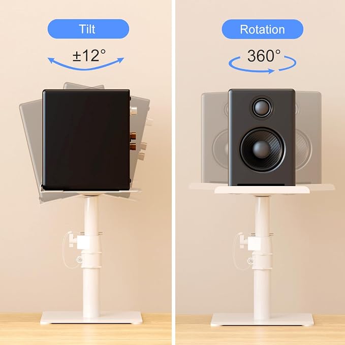 Suptek Free-Standing Speaker Stand Desktop Set, 9.6 x 8.8 inch Trays, Height Adjustment and Tilt, Universal Audio Holders for Computer and Bookshelf Speakers, Elevated Sound, 2 Pack, White, SDM001TW