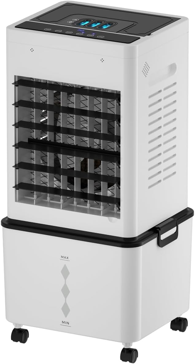Evaporative Air Cooler Fan, Small Swamp Cooler Fan with 12L Removable Water Tank, 6 Speeds, Cooling Spray Modes & Lights, Remote, 24H Timer for Bedroom, Office & Living Room