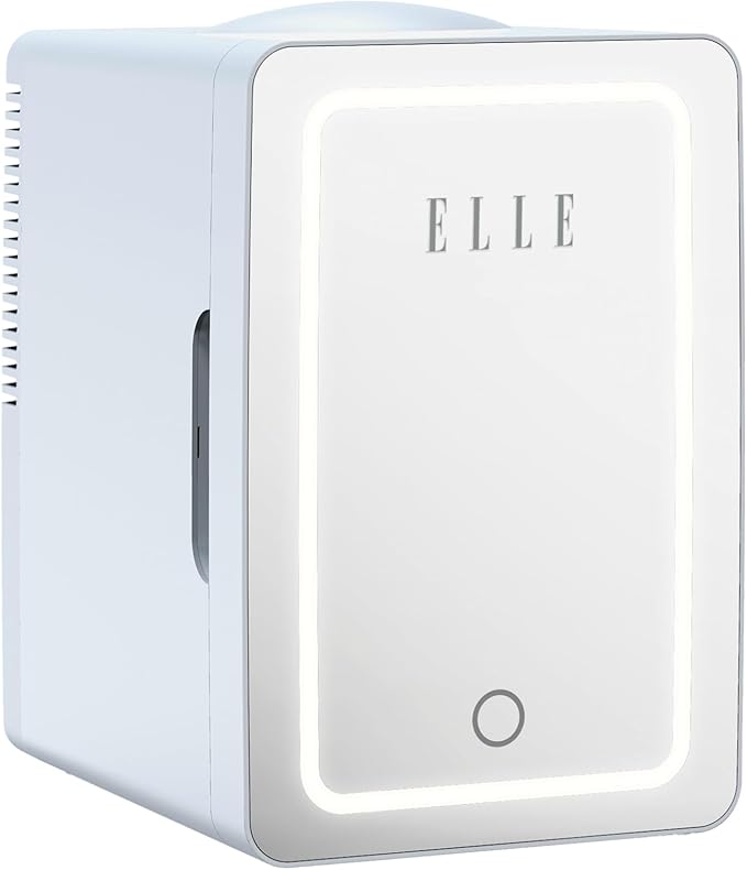 ELLE 6L Mini Cooler Fridge with LED Makeup Mirror for Skincare & Cosmetic Storage Cooler & Warmer Removable Shelf Carrying Handle AC DC Power Options Small Refrigerator for Bedroom Car Office Blue