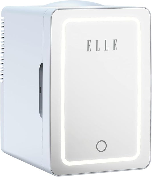 ELLE 6L Mini Cooler Fridge with LED Makeup Mirror for Skincare & Cosmetic Storage Cooler & Warmer Removable Shelf Carrying Handle AC DC Power Options Small Refrigerator for Bedroom Car Office Blue