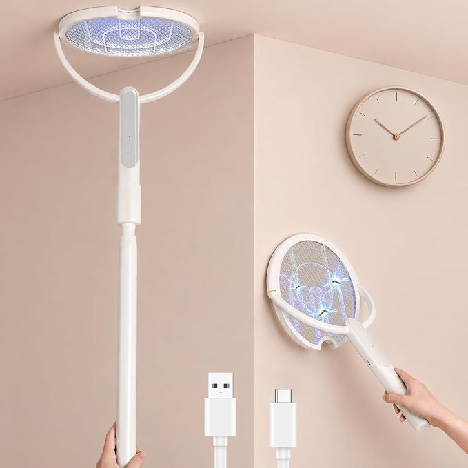 (2pack) Rotating Head Electric Fly Swatter Racket, Bug Zapper Indoor with Long Telescopic Extension 4000V USB Rechargeable Mosquito Zapper Killer with Charging Base, 3 Modes Automatic & Manual