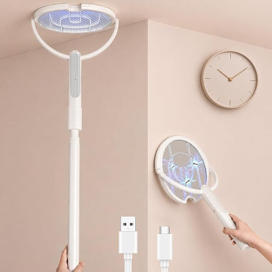 Rotating Head Electric Fly Swatter Racket, Bug Zapper Indoor with Long Telescopic Extension 4000V USB Rechargeable Mosquito Zapper Killer with Charging Base, 3 Modes Automatic & Manual