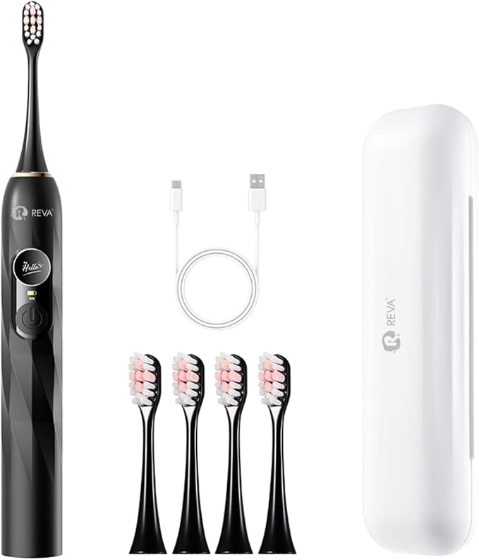 Reva V3 Sonic Electric Toothbrush for Adults, Dual Display, 5 Modes, 200-Day Battery, 4 Brush Heads, IPX7 Waterproof (Black)
