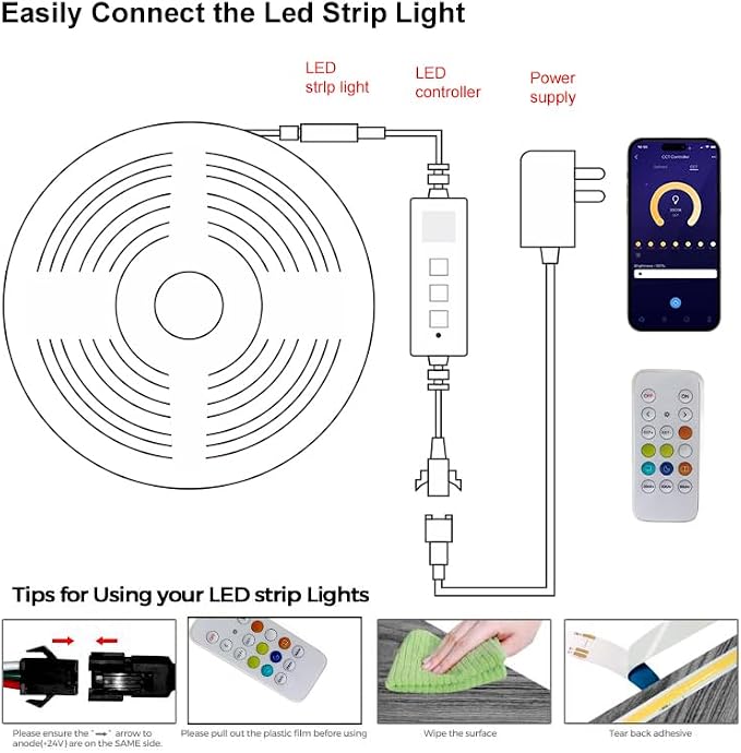 COB LED Strip Lights, CCT Tunable White LED Tape Light 32.8ft/10m, 2700K-6500K, CRI90+, 24V Dimmable LED Strips Kit with Bluetooth APP Control, for Bedroom, Kitchen, DIY Lighting.