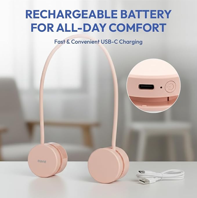 MAVI Portable Personal Neck Fan, Cooling Hands Free Bladeless Fan, Rechargeable Long Battery Life, 360 Airflow with 3 Speeds, Lightweight Collapsible Design, Low Noise with Strong Wind, Pink