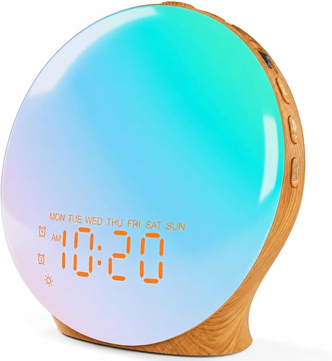 JALL Full Screen Dimmer Sunrise Alarm Clocks for Bedrooms, Wake Up Light with FM Radio, 25 White Noise Sleep Sounds, Bluetooth Speaker, Dual Alarms Bedside Clock for Heavy Sleepers