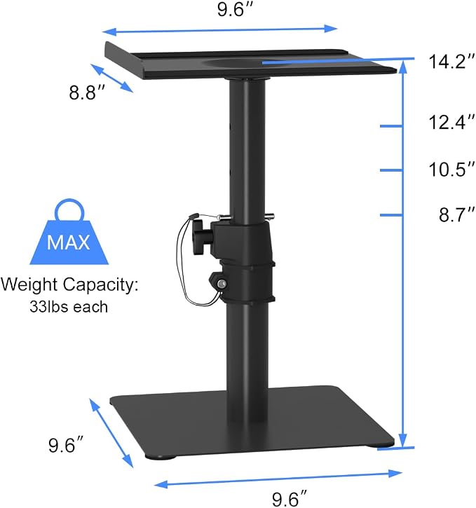 Suptek Free-Standing Speaker Stand Desktop Set, 9.6 x 8.8 inch Trays, Height Adjustment and Tilt, Universal Audio Holders for Computer and Bookshelf Speakers, Elevated Sound, 2 Pack, Black, SDM001T