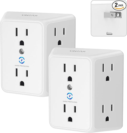 VINTAR 2 Prong to 3 Prong Outlet Adapter, 3 Sided 6 Outlet Widely Spaced Extender, Polarized Plug, 2 Prong Power Strip, 900J Wall Charger Surge Protector, Mountable Wall Tap for Non Grounded Outlets