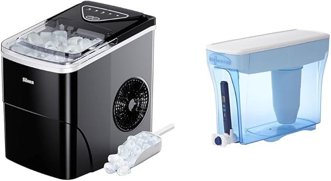 Silonn Ice Maker Countertop & ZeroWater 23-Cup 5-Stage Water Filter Dispenser 0 TDS for Improved Tap Water Taste - IAPMO Certified to Reduce Lead, Chromium, and PFOA/PFOS