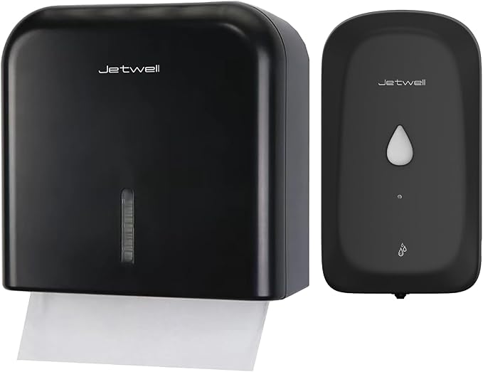 JETWELL Automatic Touch-Less Wall Mount Soap Dispenser and Multifold Paper Towel Dispenser Black