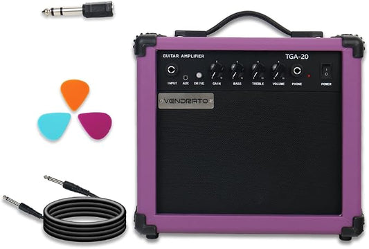 Electric Guitar Amplifier 20W Guitar Amp Purple Color Portable Practice 6.5Inch Speaker Aux Drive Gain Bass Treble Volume Headphone Multi Function Suitable for Beginner Starter in Home Or Outdoor