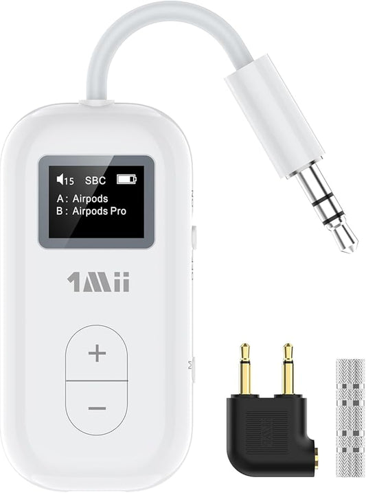 1Mii SafeFly Dual | Bluetooth 5.3 Adapter Bluetooth Transmitter w/Screen for Wireless Headphones, Wireless Audio Transmitter Use with 3.5 mm Audio Jack on Airplanes/Gym/TVs-Transmitter Only