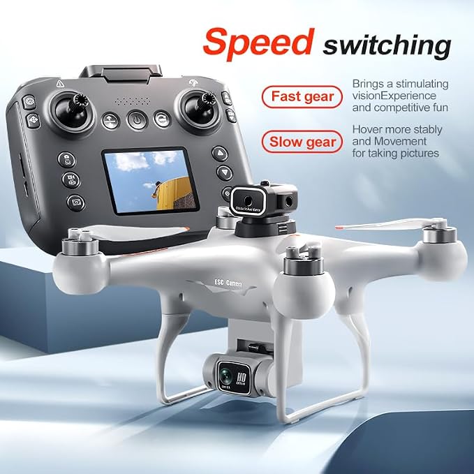 Hobby RC Drone with Screen-equipped Remote Controller, Dual Cameras & Optical Flow Positioning. Built with 6-Channel Gyro and Brushless Motor. Features Headless Mode, Hovering, One-Key Takeoff and Altitude Hold. Comes with 2 Batteries. Easy-to-operate ...