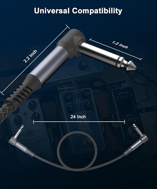 Ruxely Guitar Patch Cables 24-Inch 3-Pack,6.35MM Effects Pedal Board Cord,Nylon Braided 1/4 Right-Angle Instrument Audio Cable,Pedalboard Connector TS Copper Wire for Amp/Amplifier,Mixer,Electric Bass