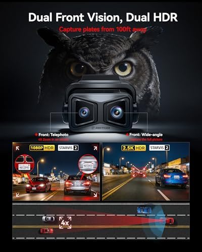 REDTIGER ZoomPix1 & Acc, Dash Cam Front and Rear, Telephoto+Wide Front Lenses for 100ft Plate Recognition, 4X Zoom, Dual STARVIS 2, 2K+1080P Recording, HDR Night Vision, 5.8GHz WiFi, Voice Control