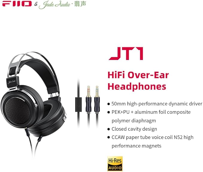 FiiO JadeAudio JT1 Professional Studio Headphones for Recording Gaming Headset with Microphone, 50mm Diaphragms, Hi-Res Music Studio Headset