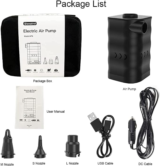 Woowind AP6 6000 mAh Air Pump for Inflatables Pool Pump 12V Air Mattress Pump Battery Powered Portable Air Pump with Car Adapter for Pool Floats, Swimming Rings, Air Bed, Air Sofa