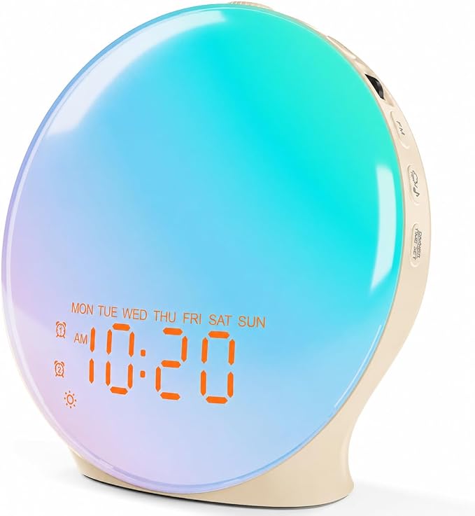 JALL Full Screen Dimmer Sunrise Alarm Clocks for Bedrooms, Wake Up Light with FM Radio, 25 White Noise Sleep Sounds, Bluetooth Speaker, Dual Alarms Bedside Clock for Heavy Sleepers
