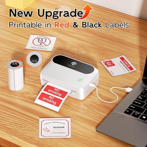 Phomemo M421 Label Maker, Label Printer for Warning Stickers Fragile Labels, with 1.96" x 1.96" (50x50mm) Red & Black Color Thermal Sticker Labels for Barcode, Address, Home, Business