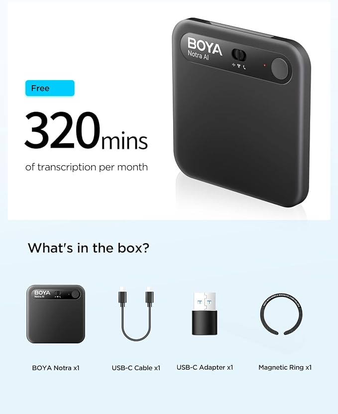 BOYA Notra AI Voice Recorder,3-Mode Capture -Ambient/Phone Call/Bluetooth, AI Transcription&Smart Summary, Support 140+ Languages, 64GB Storage, Magnetic Note Taker for Meetings,Lectures,Interviews