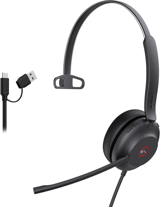 Yealink USB Wired Mono Headset,UH37 Computer Headset with Noise Cancelling Microphone,USB-A/C Call Center Headset for Teams,Zoom,Computer PC Laptop