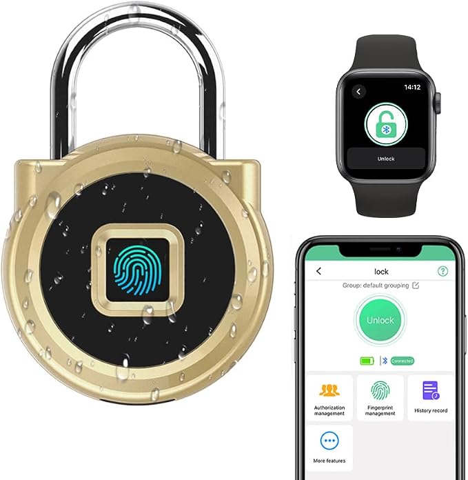 Gym Locker Padlock eLinkSmart Fingerprint Padlock with 1000+ App User - Outdoor Waterproof Security Smart Lock for Gym Locker Backpack Gun Case Field Box Gold Support iOS Watch