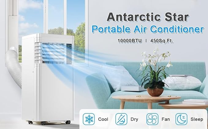 Antarctic Star 10,000 BTU ASHRAE Portable Air Conditioner, 4‑in‑1 Quiet AC Unit with Dehumidifier & Fan Mode, Ultra Easy Install, Cools up to 450 Sq Ft for Bedroom, Office, Studio & Apartment