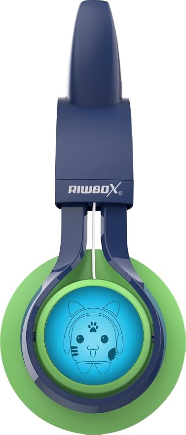 Riwbox Kids Headphones, CT-7S Cat Ear Bluetooth Headphones with LED Light, 85dB Volume Limiting, Over Ear with Microphone for Laptop/PC/TV (Green&Navy Blue)