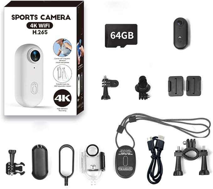 4K Mini Action Camera, Included 64GB, Wearable Camera with 360°Rotatable Clip & Magnetic Clip, for Lecture, Traveling, Pet Walking and Outdoors Activities JS-10B Full Packaging