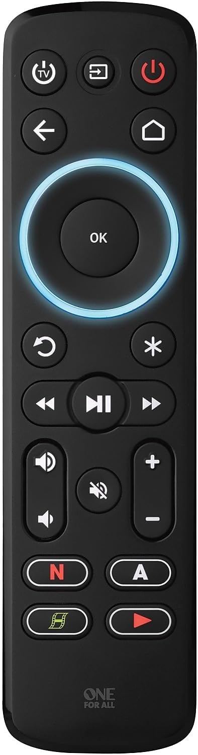 One For All Streamer Remote (New, in Retail Packaging) – Controls up to 3 Devices - (IR) - Control Your Streamer Box, TV and Sound bar – Learning Feature - Backlit Keys - Black – URC7935
