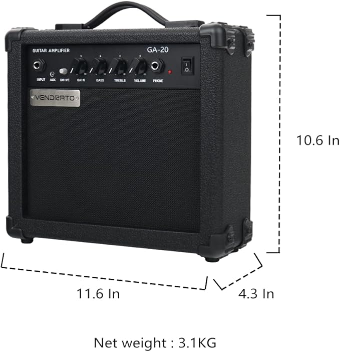 Electric Guitar Amplifier 20w amp Black Color gain bass Treble 3.5mm aux in Drive 6.5mm Guitar Input Headphone Portable for Beginner Starter Practice Travel amp noiseless Cable Pick and Adapter in