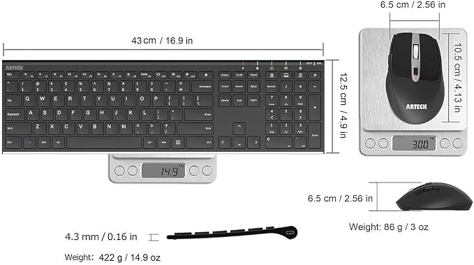 Arteck 2.4G Wireless Keyboard and Mouse Combo Stainless Full Size Keyboard and Ergonomic Mouse with Side Buttons for Computer Desktop PC Laptop and Windows 11/10/8/7 Build in Rechargeable Battery