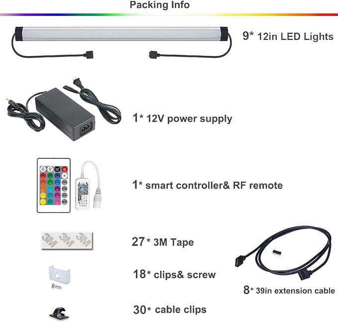 Under Cabinet LED Lighting, Dimmable Under Counter Lights, WiFi Smart Controlled,RGB,12 Inch, Multicolor Linkable Lamps with Remote Control, Compatible with Alexa Google Home (9 Pack)