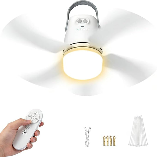 Portable Camping Fan Light, 20” 20000mAh Rechargeable Ceiling Fan with Light & Remote for Outside, Gazebo, Greenhouse, Patio, Chicken Coop, Canopy, Shed, RV, Tent - White, 4 Speed Breeze & Timer