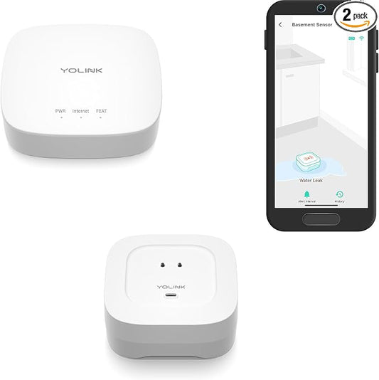 YoLink Water Leak Detector 4 with 105dB Audio Alarm, Freeze Warning, App Push, Email Alerts and Limited Text - Smart Water Sensor Alarm w/ Alexa, IFTTT - 1/4 Mile Long Range, Hub Included