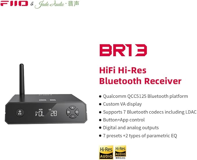 FiiO BR13 HiFi Bluetooth 5.1 Music Receiver Long Range Bluetooth Adapter with USB DAC, LDAC/aptX Low Latency, OLED Display & RCA Optical Coaxial Output for Home Stereo,PC/TV