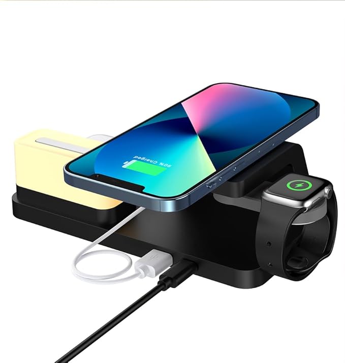 IHAO 6in1Digital Alarm Clock with Wireless Charging Station Night Light 15W Fast Charging for Qi Phone Headphone Bracket for iWatch Charger LED Display Dimmable Brightness-HT309 Black